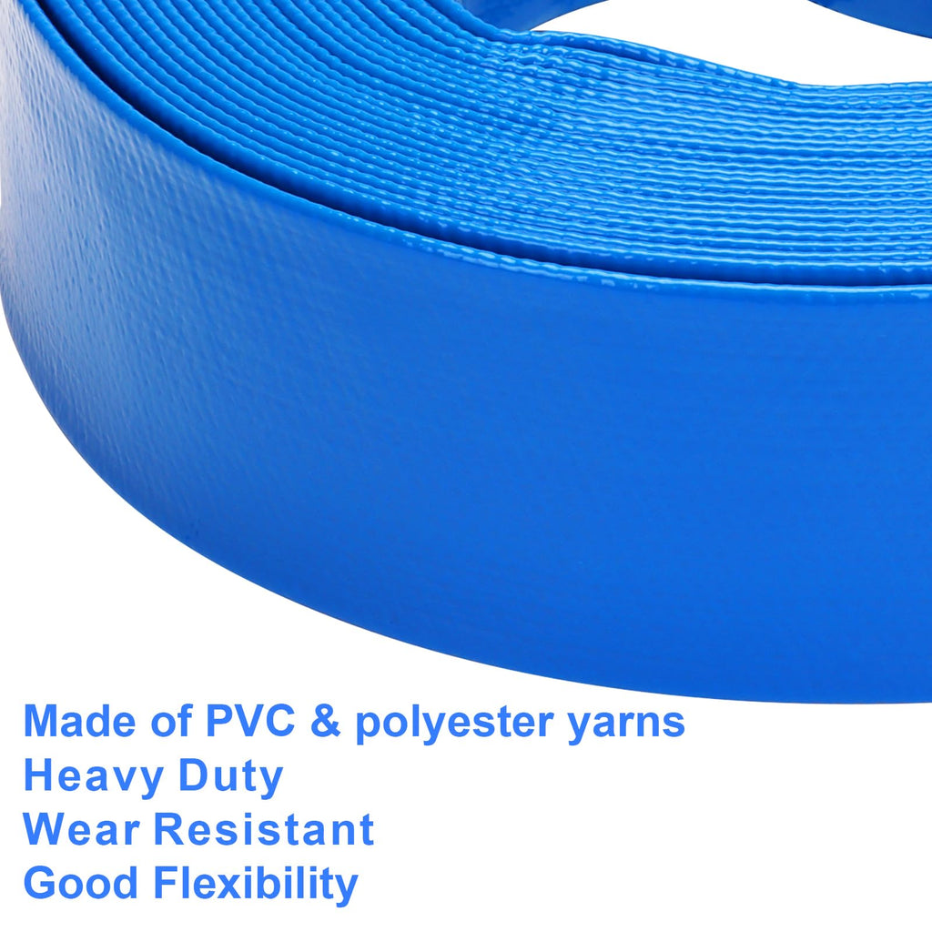 DERPIPE Lay-Flat Pool Backwash Hose - 1.5" x 50Ft Reinforced Heavy Duty PVC Discharge Hose Weather-Proof Vinyl Pool Drain Hose for Water Transfer with 2 clamps
