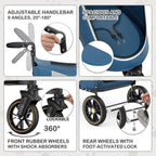 MoNiBloom Pet Stroller for Large Dogs or Multiple Dogs Cats with Adjustable Handle, 3-Wheels Dual Entry Portable Dog Carting Easy Folding Pet Wagon Double Dog Stroller up to 55 lbs, Navy Blue