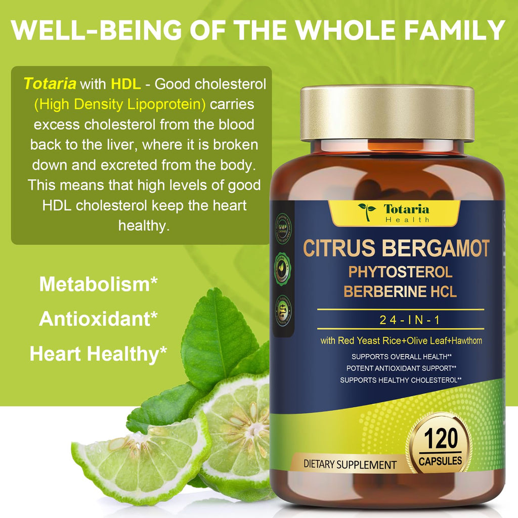 Citrus Bergamot Supplement for High Cholesterol - Italian Citrus Bergamot & Plant Sterols Stanols Natural Way to Balance Cholesterol Level, Vegan, Non-GMO, 120 Counts