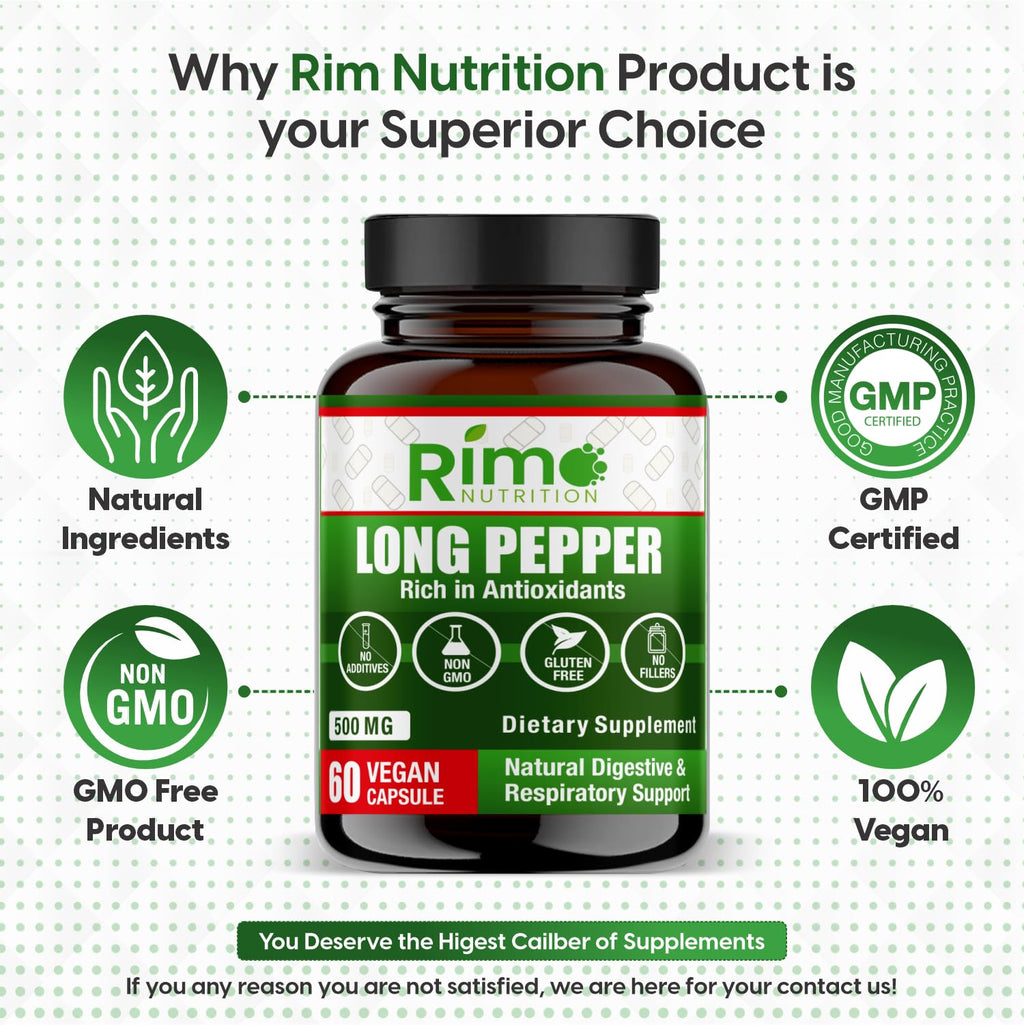 Rimo Nutrition Long Pepper 60 Vegan Capsules Natural Senolytic Supplement Agent – with Piper longumine (500mg)