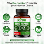 Rimo Nutrition Long Pepper 60 Vegan Capsules Natural Senolytic Supplement Agent – with Piper longumine (500mg)