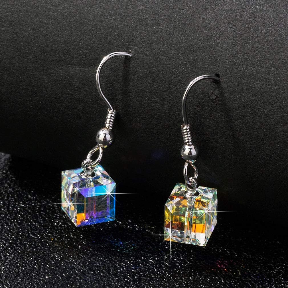 EVEVIC Austrian Crystal Cube Drop Earrings for Women, French Hook