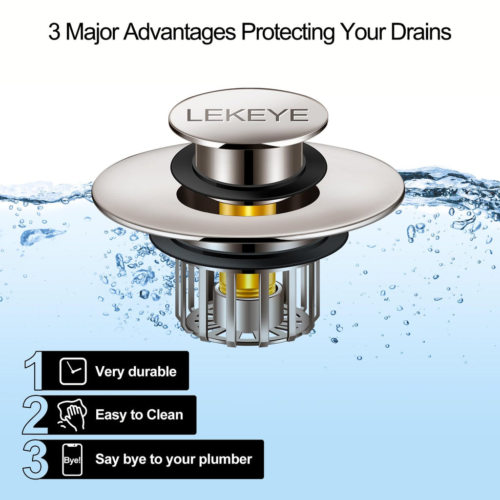 LEKEYE Tub Stopper | Shower Drain Hair Catcher | Pop-up Drain Stopper with Strainer | Bathroom Bathtub Plug | Drain Protector for 1-1/2 to 1-3/4" Bath Drain Hole - Brushed Nickel