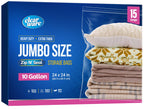 15 Count - Large Storage Bags With Zipper Top, 10 Gallon Size 24" x 24", Extra Large Plastic, For Clothes, Travel, Moving, BPA-Free, Heavy Duty 3-Mil Thick