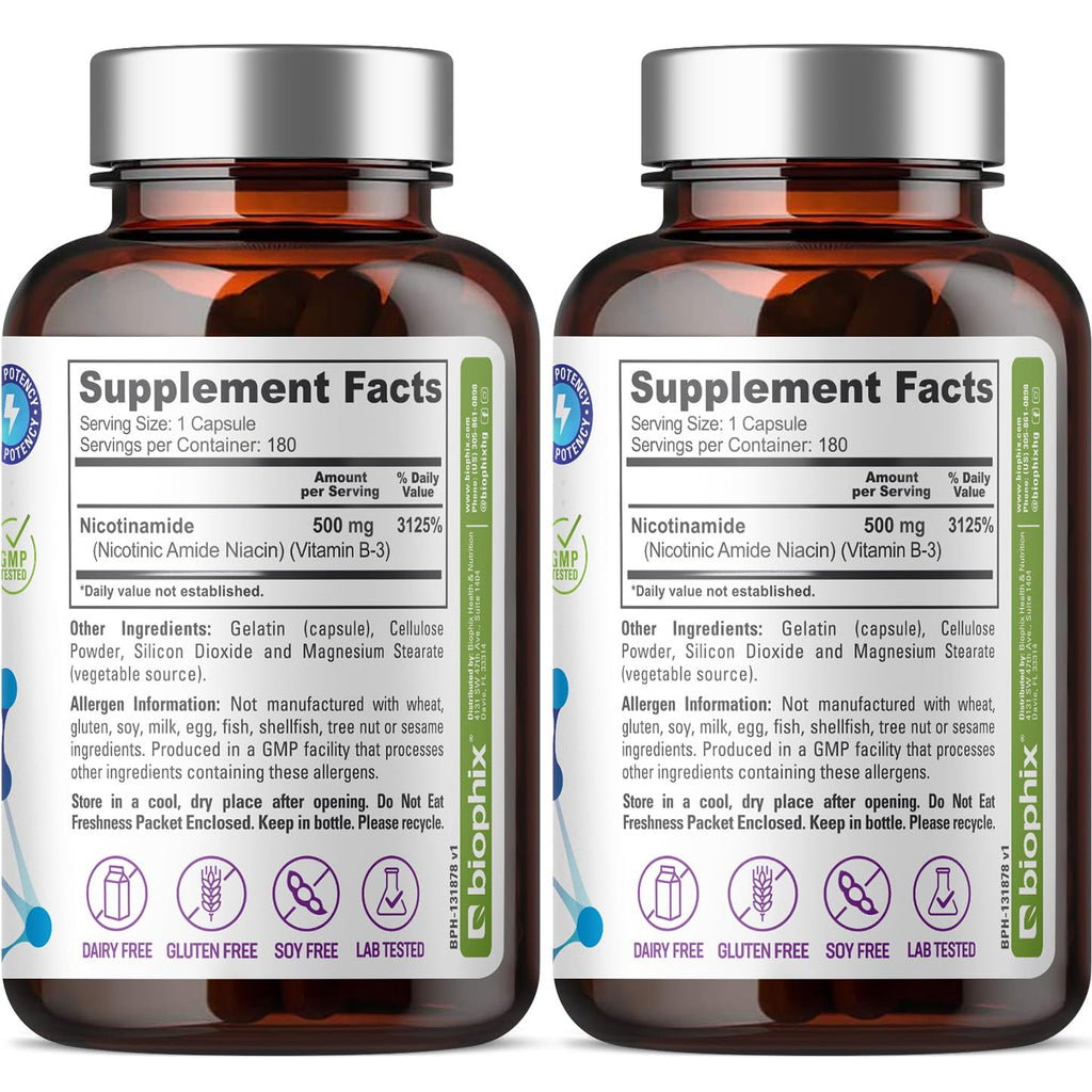 biophix B-3 Nicotinamide 500 mg 180 Caps 2 Pack - Nicotinic Amide Niacin Natural Flush-Free Vitamin Formula - Supports Skin Cell Health