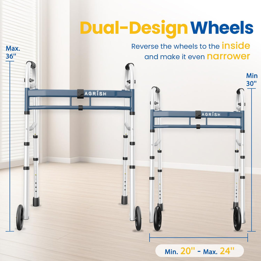 Folding Narrow Walker for Seniors – Width & Height Adjustable Walker with Bag, Lightweight Standard Walker for Elderly, Walkers for Seniors, Disabled, Bariatric