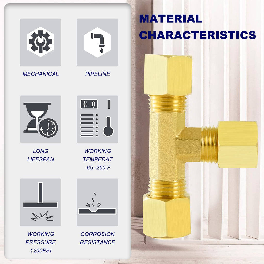 ChillWaves Brass Tee Compression Tube Fitting, 3/8" OD x 3/8" OD x 3/8" OD Compression Union Connector(5-PACK)