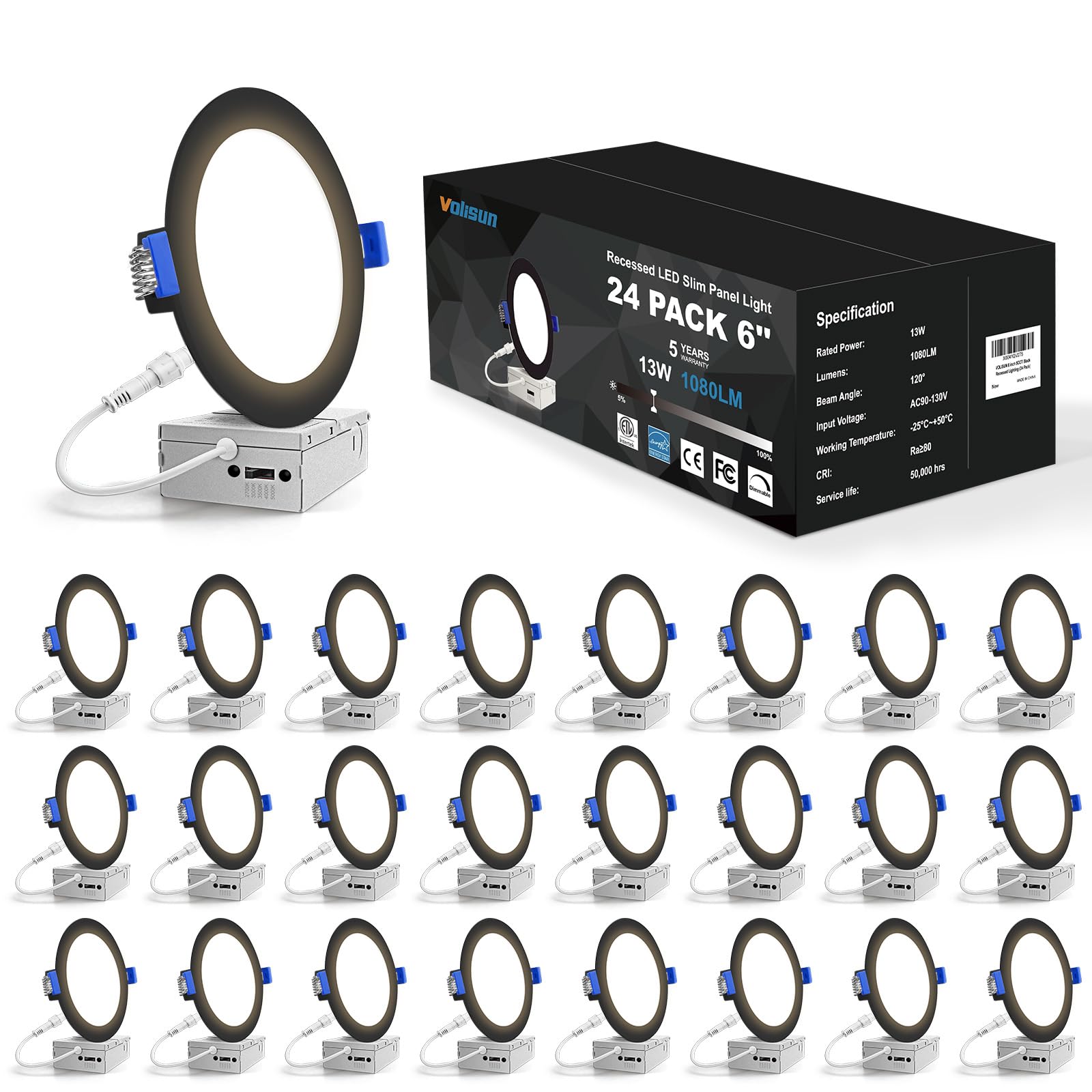 VOLISUN 24 Pack 6 inch Recessed Lighting, 5CCT LED Recessed Light Black, 2700K-5000K Selectable, 13W Eqv 120W, 1080LM Dimmable Canless Wafer Downlight, LED Ceiling Light ETL Certificated