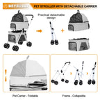 BETSOCCI Double Dog Stroller with 2 Detachable Carrier, Portable Pet Stroller for Small Dogs & Cats Folding Lightweight Puppy Travel Carriage, 4 Wheels, Grey
