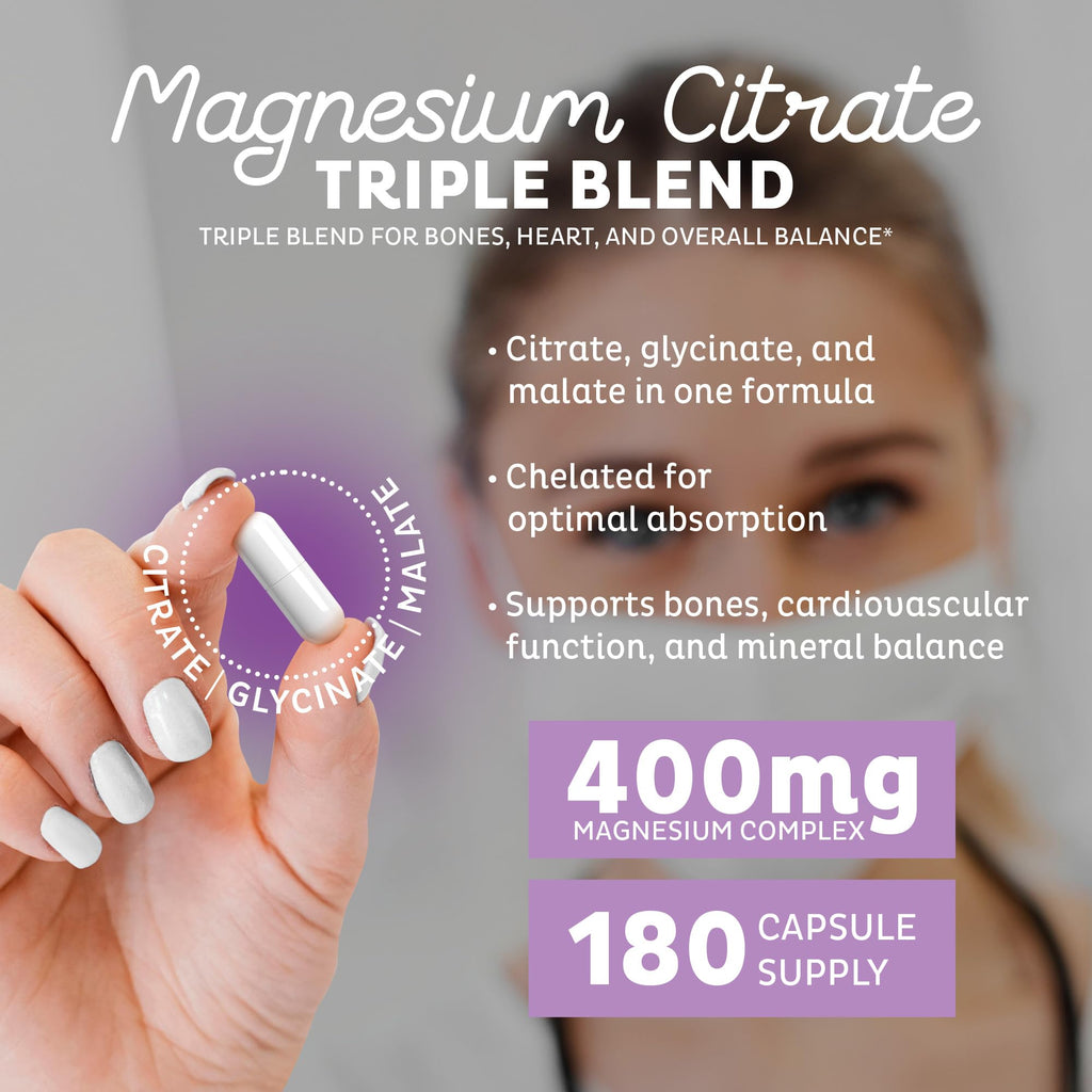 Zeal Naturals Triple Magnesium Complex Supplement - Glycinate, Malate, Citrate | 400mg, 180 Capsules | High Absorption Chelated Magnesium for Sleep, Mood, Muscle Recovery, Relaxation