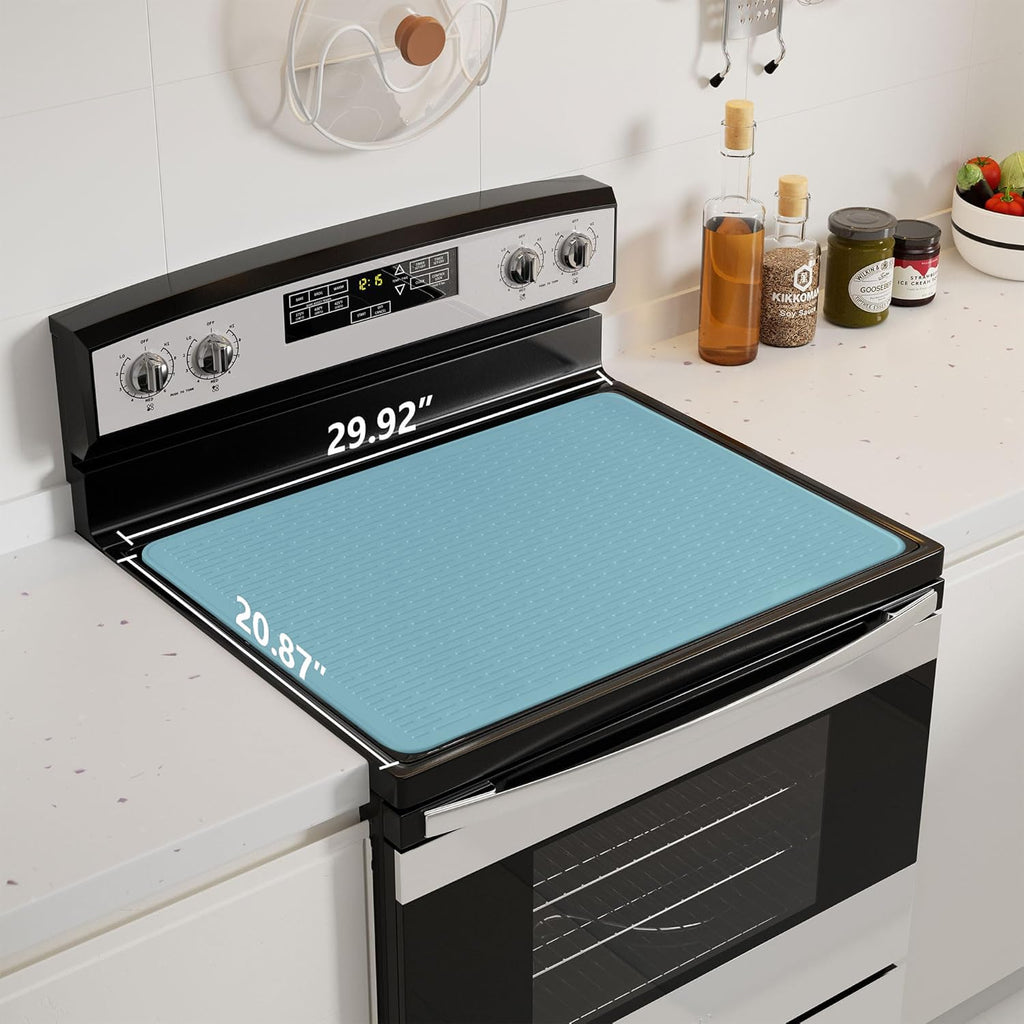 Stove Top Cover for Electric Stove - Food Grade Ceramic Stove top Cover, Silicone XXL Dish Drying Mat, Glass Cooktop Covers, Flat RV Range top Mats (Blue,28x20)