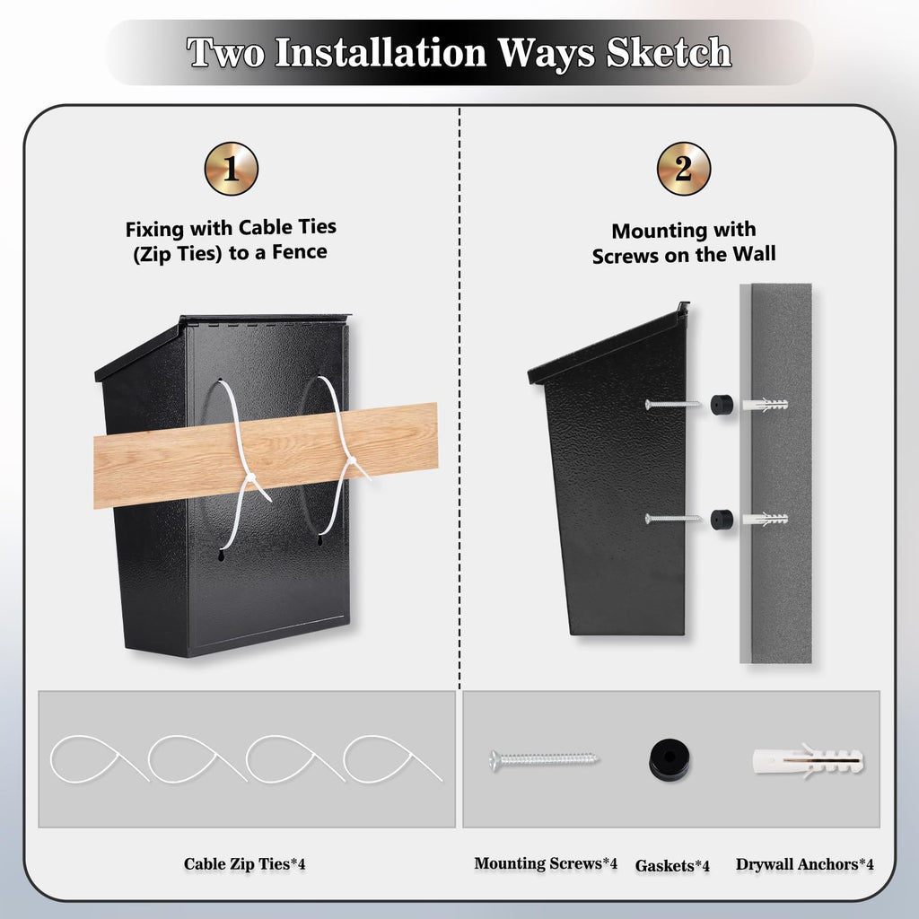 KYODOLED Convenient and Durable Wall Mount Mailbox for Outside, Easy Installation, Ample Storage Space to Accommodate Standard-Sized Letter, Magazine, Check, Black, Drop Box for Home or Apartment
