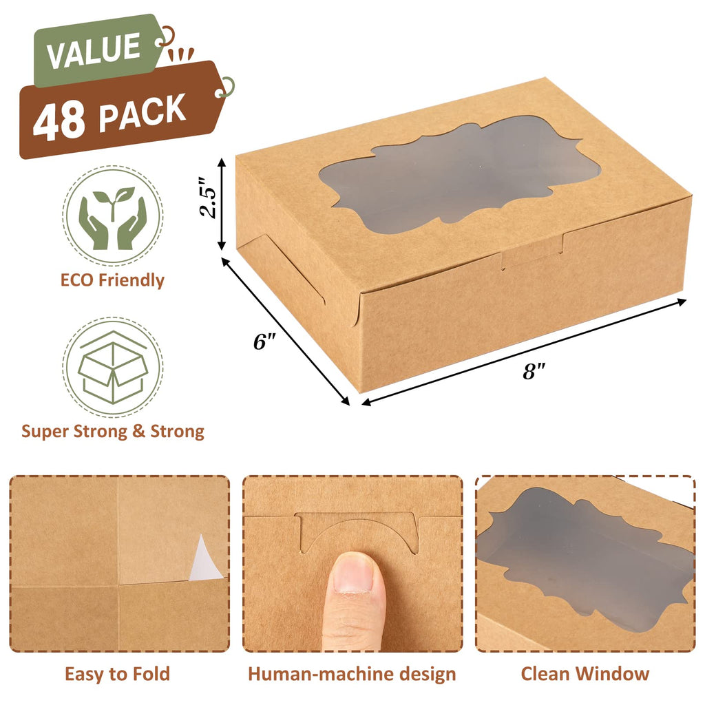 TOMNK 48pcs Cookie Boxes with 3 Style Window,8x6x2.5in Brown Bakery Boxes