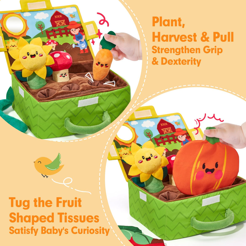 hahaland Baby Toys 6-12 Months - Fruits Vegetables Garden Plant Plush - 6 Month Old Toys Montessori Sensory Toy Carrot Flower with Rattles Mirror Squeaker Textures Crinkle Tissues Christmas Baby Gifts