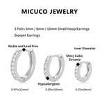 micuco 3 Pairs Small Silvertone Hoop Earrings for Women, 14K White Gold Plated Huggie Hoop Tiny Cartilage Cubic Zirconia Earrings for Men Diamond 8mm