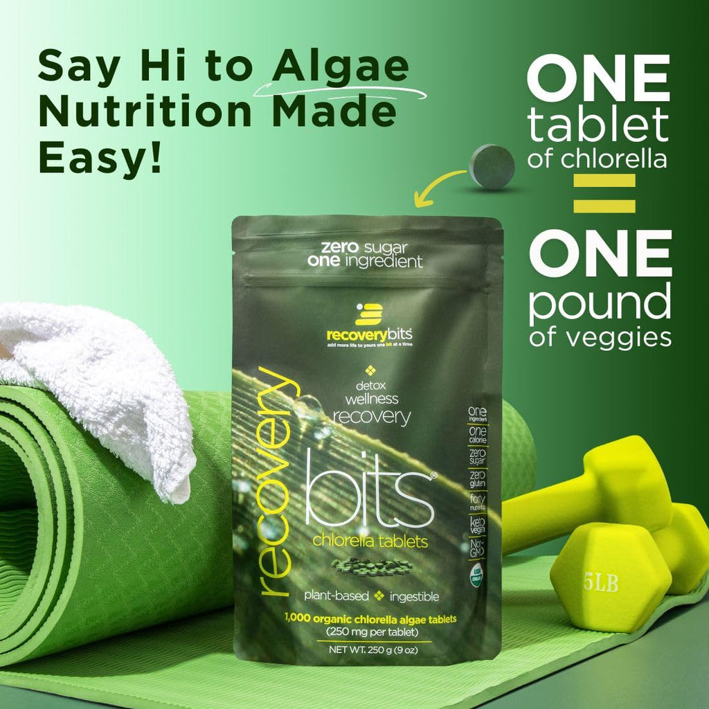 RECOVERYbits - Organic Chlorella Tablets - Plant-Based Algae Superfood - Chlorophyll - Cracked Cell Wall - Energy - Immune System - Detox - Keto - Vegan - Non-GMO - Large Bag - 1000 Tablets