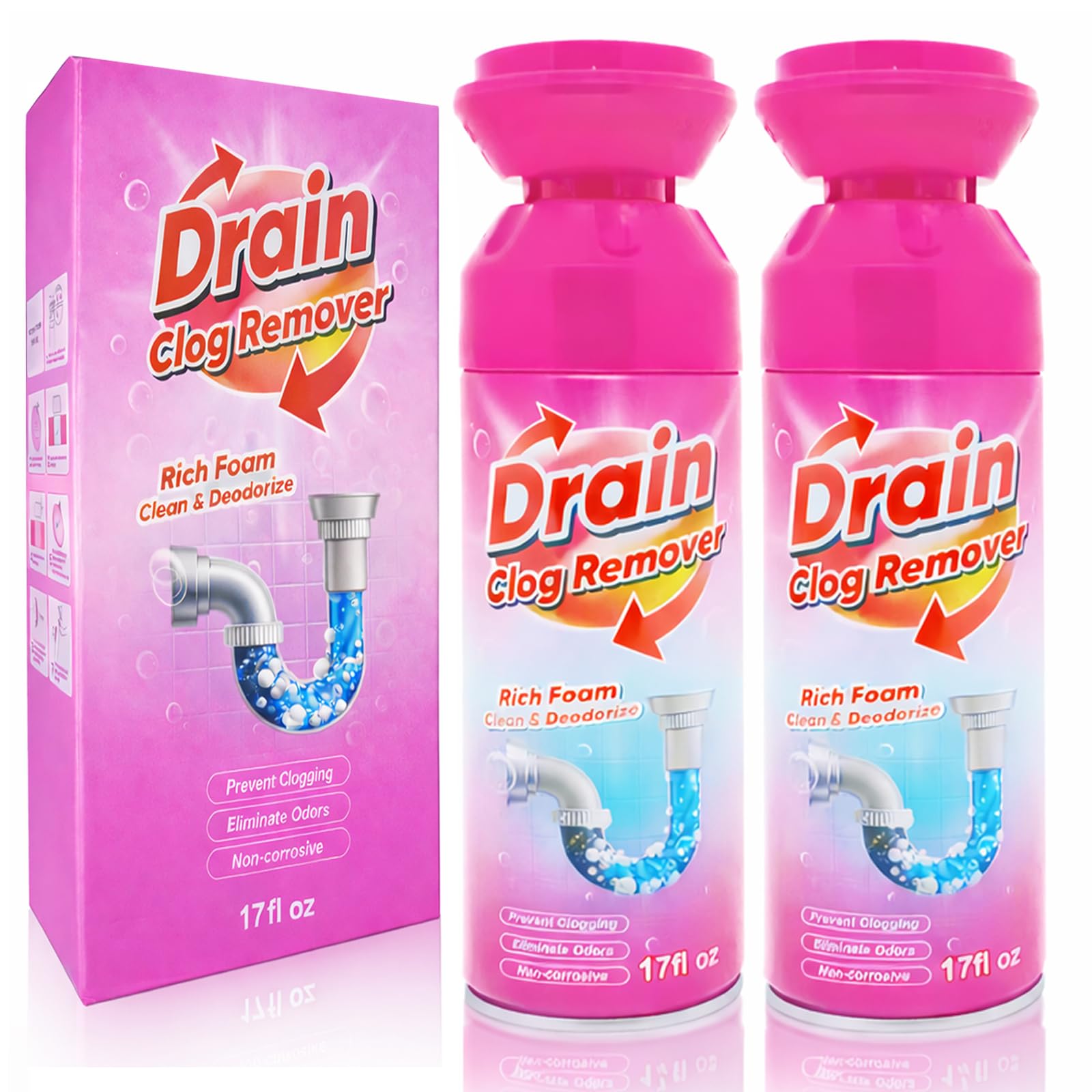 Foaming Drain Cleaner, Foam Drains Sink Cleaner and Deodorizer, Wild Tornado Drain Clog Remover for Kitchen Sinks, Shower Drains, Tubs (2 pcs)