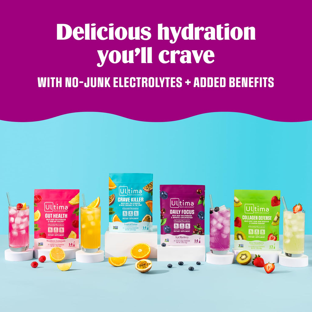 Ultima Replenisher Gut Health Supplement and Electrolytes Powder - Raspberry Lemonade, 14 Stickpacks - Hydration Packets with Added Gut Health Benefits