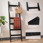 TEAKMAMA 6-Tier 5.4ft Blanket Ladder with Hooks Farmhouse Black