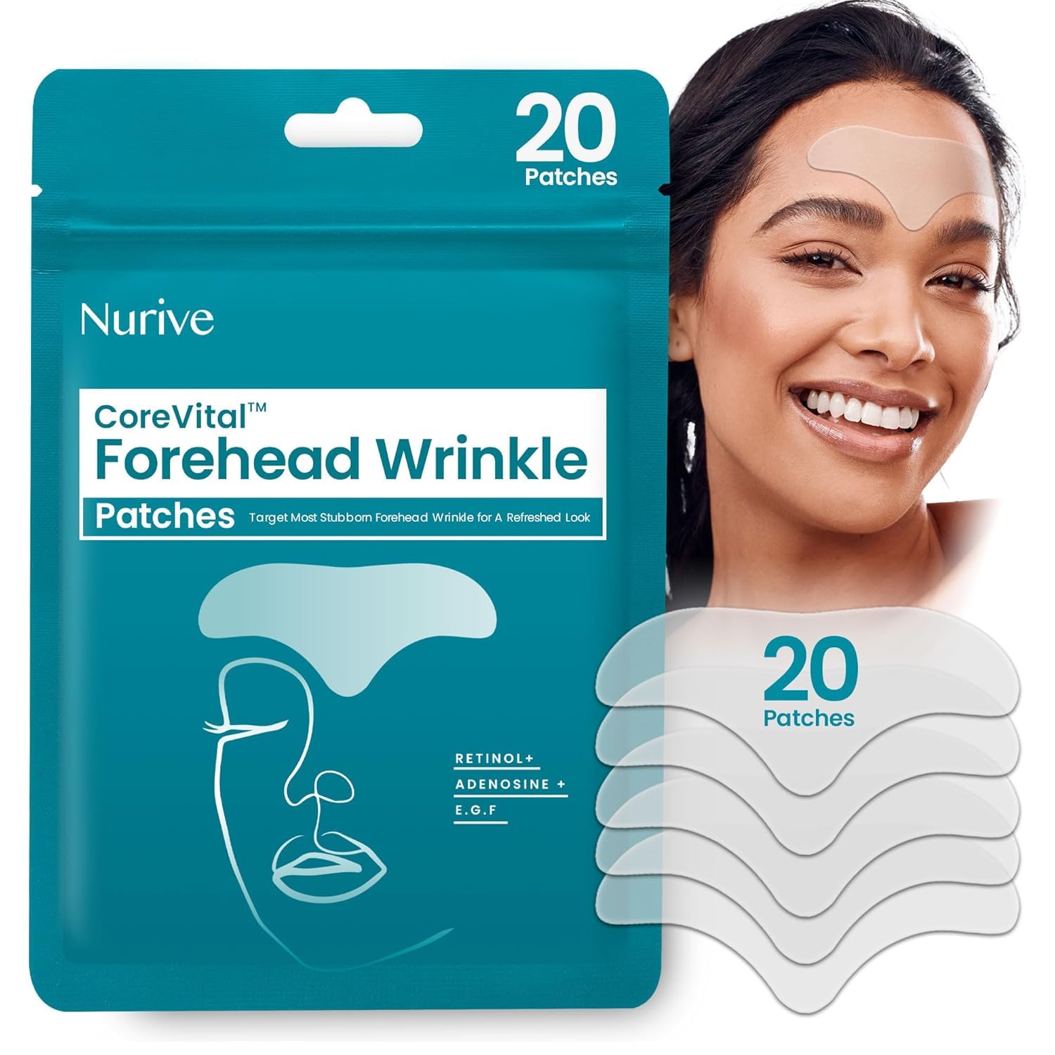 NURIVE Advanced Wrinkle Patches 20ct Smile Line, Frown Line Wrinkle Patches for Facial Korean Skin Care Face Wrinkle Tape Invisible Overnight with Retinol & Collagen (Large (Forehead))