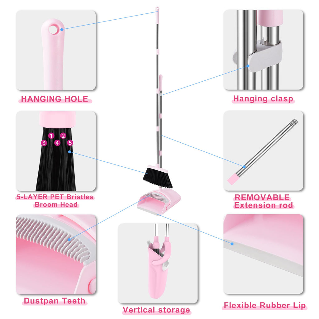 BSKLIN Broom and Dustpan Set House Brooms for Sweeping Indoor Collapsible Broom and Dust Pan Combo for Home Office Kitchen Lobby Floor Pet Hair (Pink)