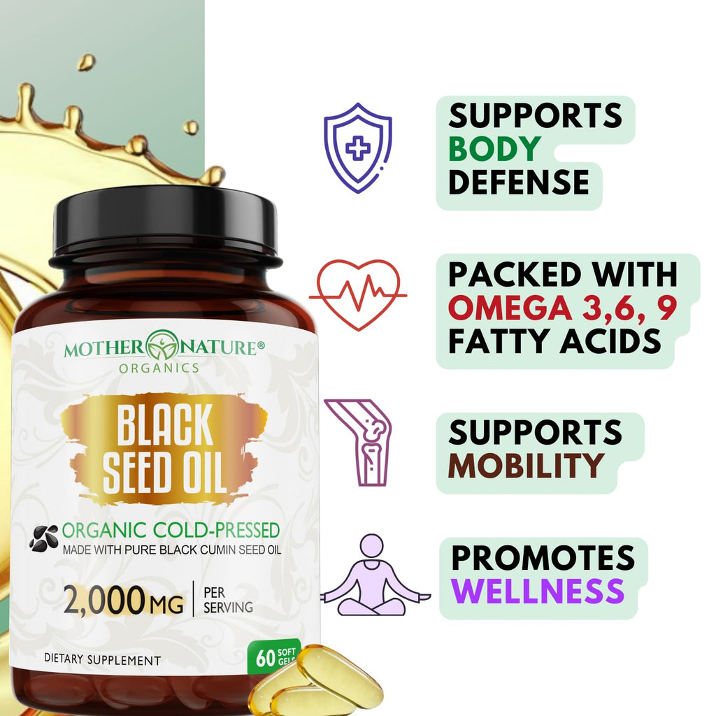 Organic Turkish Black Seed Oil Capsules, Premium Cold Pressed, High TQ, 1 Month Supply, Non-GMO Black Cumin Nigella Sativa Oil for Immune Support, Joint, Digestive Health, 1000mg per Capsule, 60ct