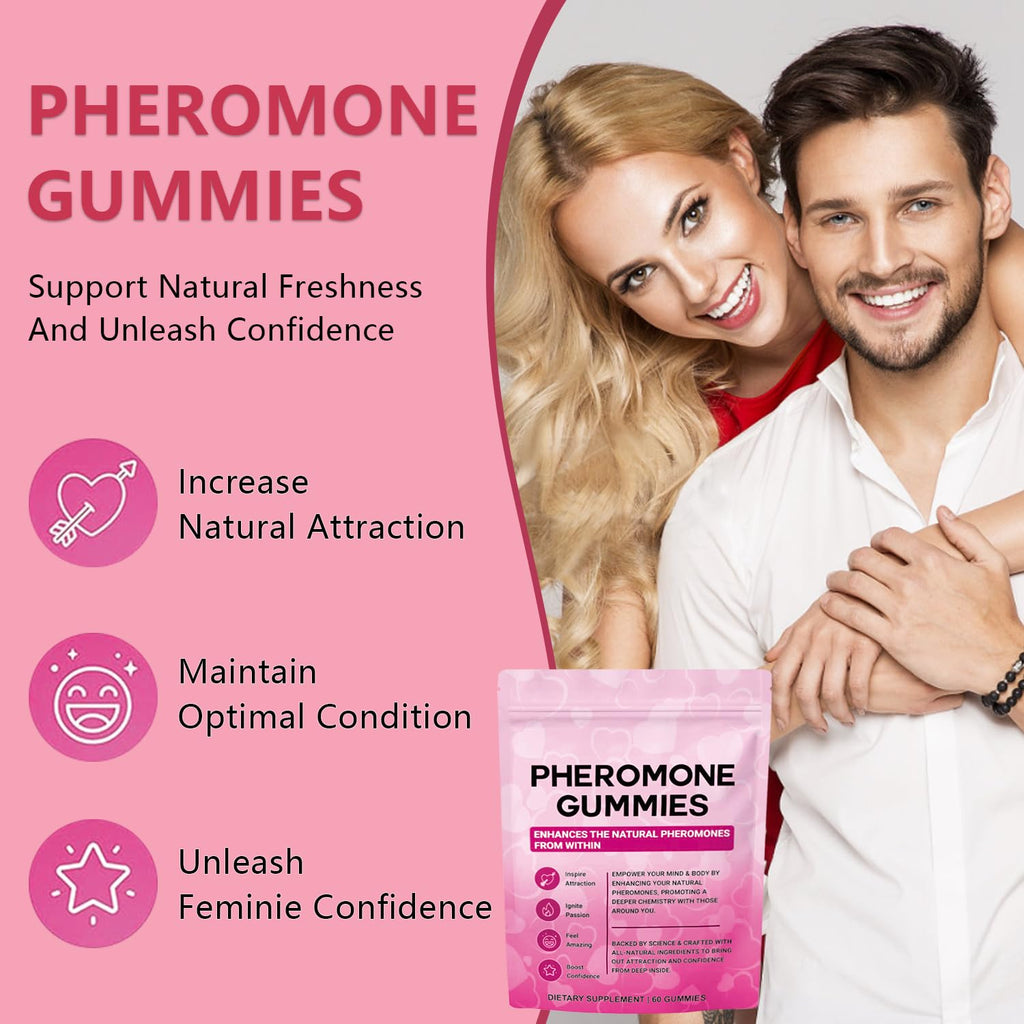 Josmon Pheromone Gummies for Women, Feminine Balance Gummies, Strawberry Flavor, Vegan, Gluten Free, Pink, 60 Gummies