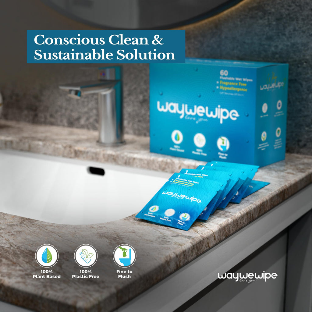 Waywewipe On-The-Go Flushable Wet Wipes, 60 Count XL Individually Wrapped Adult Wipes, Hypoallergenic 100% Plant Based Septic Safe, Travel Size Cleansing Cloth for Men & Women, Fragrance Free (60 Ct)
