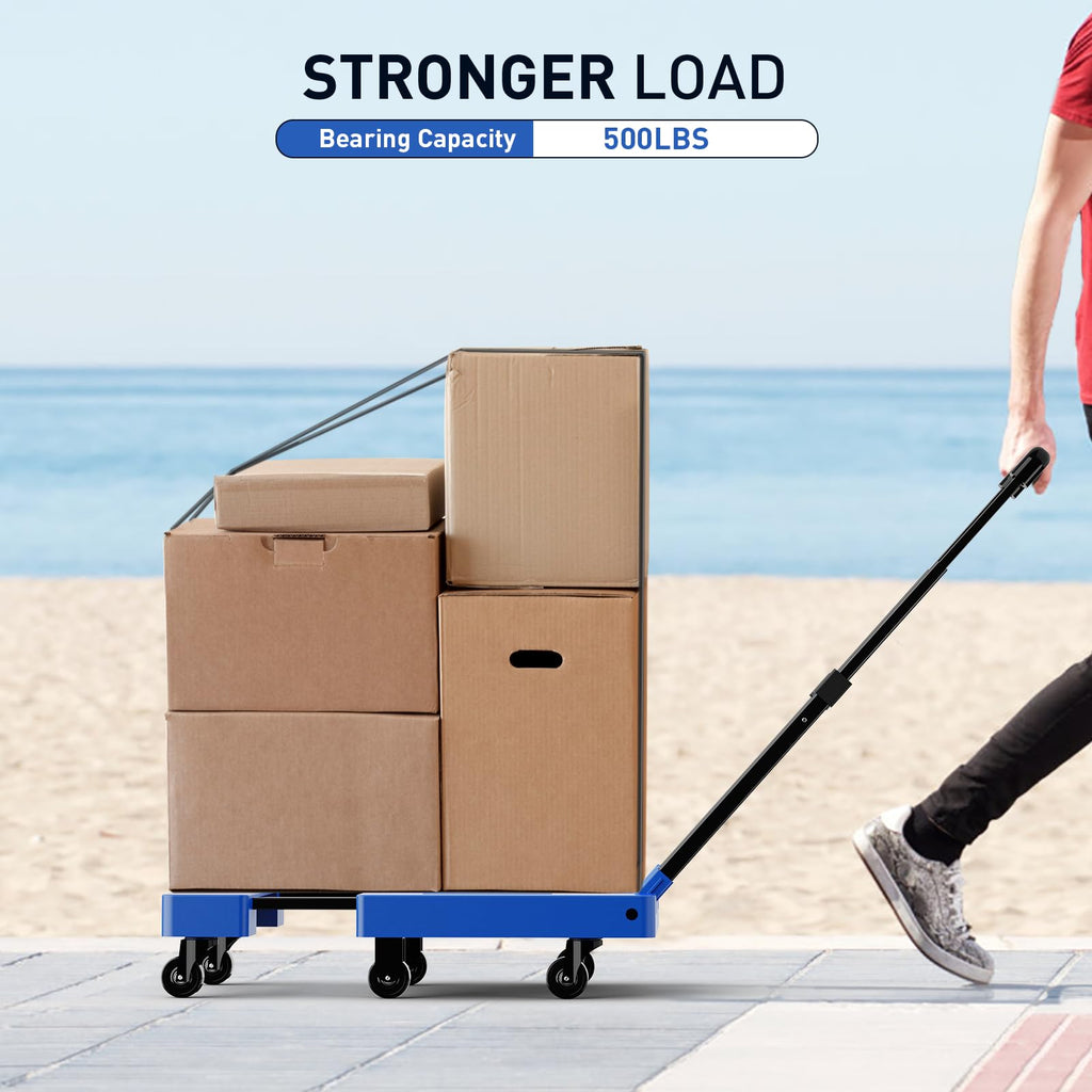 SPACEKEEPER Folding Hand Truck, 500 LB Capacity Luggage Cart, Portable Folding Dolly with 6 Wheels and 2 Elastic Ropes for Luggage, Personal, Travel, Auto, Moving and Office Use, Blue