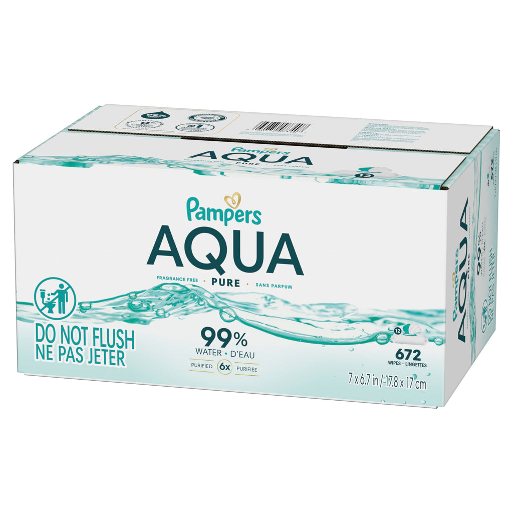 Pampers Aqua Pure Baby Wipes, Unscented, Fragrance Free, 99% Water, Water Based, Multi-Use, 672 Wipes Total (12X Flip-Top Packs)