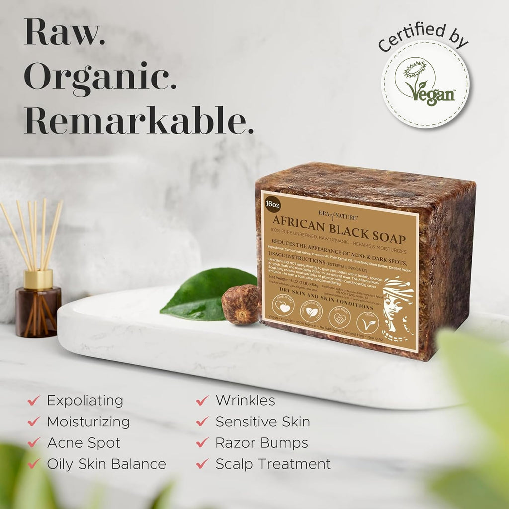 era of nature Best Raw ORGANIC AFRICAN BLACK SOAP, for Dry Skin and Skin Conditions. Pure & Natural Ingredients, Imported From Ghana - 2lb (32oz)
