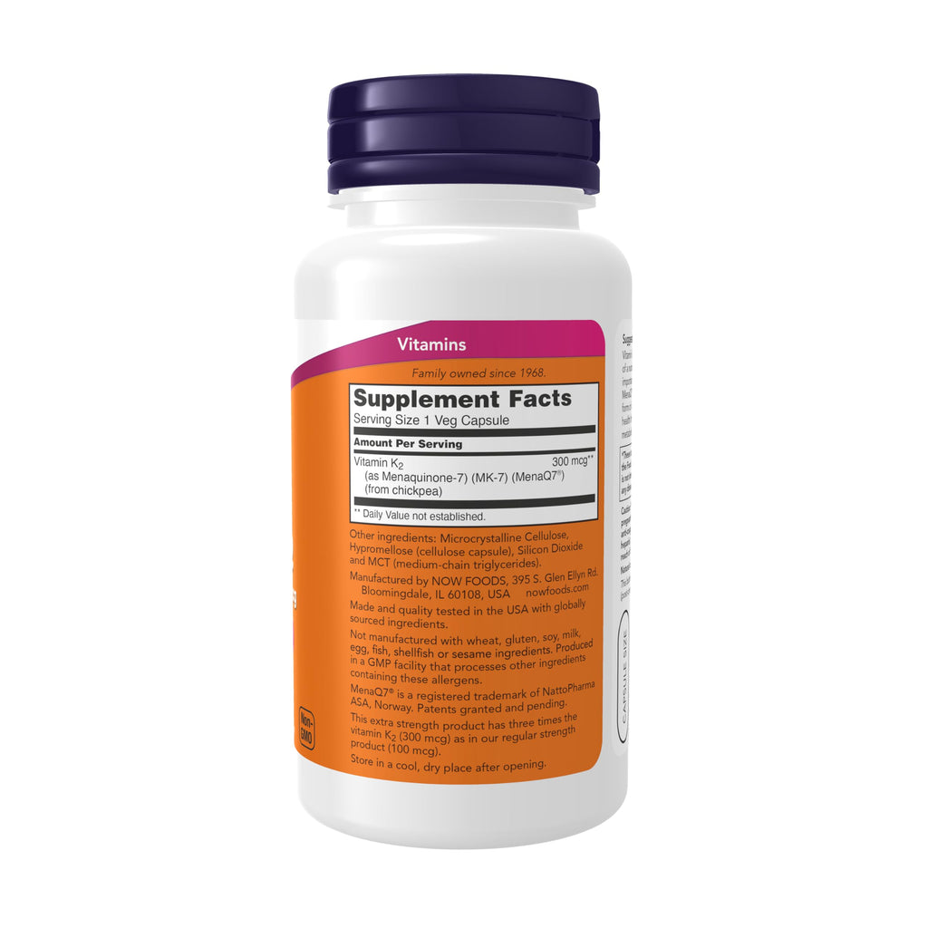 Now Foods Supplements, MK-7 Vitamin K-2 300 mcg, Cardiovascular Support*, Supports Bone Health*, 120 Veg Capsules