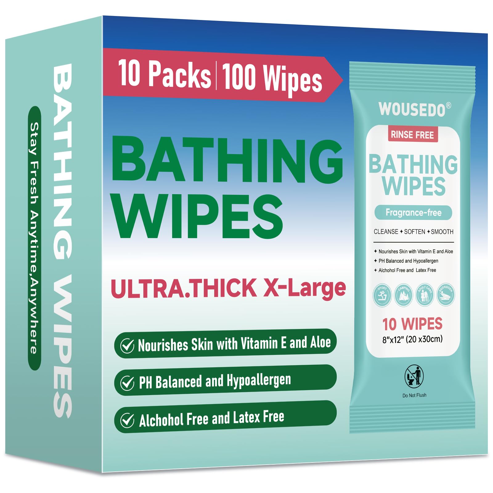 100 XL Bathing Wipes No Rinse for Adults, Shower Wipe - Extra Thick & Large Body Cleansing Wipe for Elderly, Men & Women, Soft & Gentle Disposable Bath Wipes for Travel, Camping