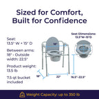 Drive Medical Folding Steel Bedside Commode Chair - Portable 3-in-1 Toilet Solution - Adjustable Height - 7.5 Qt Bucket Included - Durable Powder-Coated Steel Frame - Supports Up To 350 Lb