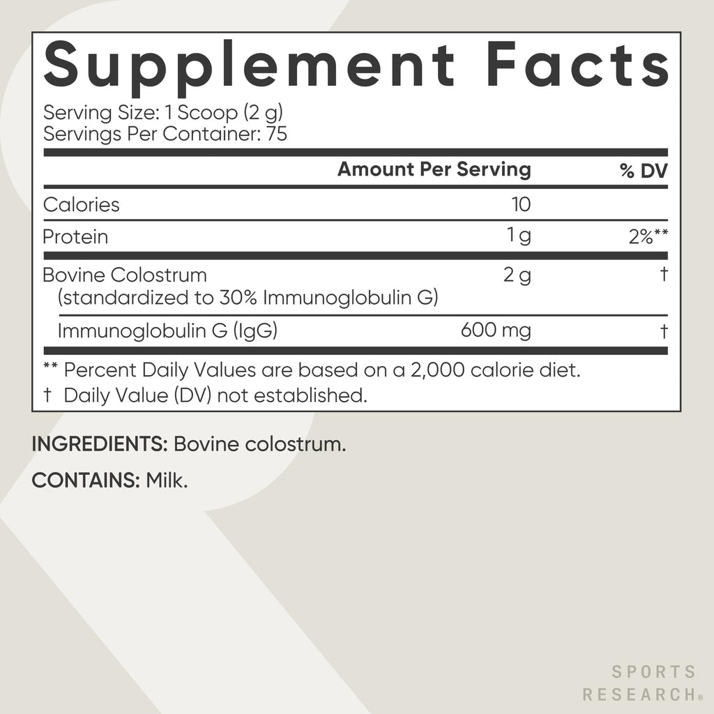 Sports Research® Bovine Colostrum Powder – Easy to Mix Superfood – Immunity Support & Gut Health w/ 30% IgG Antibodies - U.S. Sourced · Non-GMO · Gluten Free - 75 Servings (Unflavored)