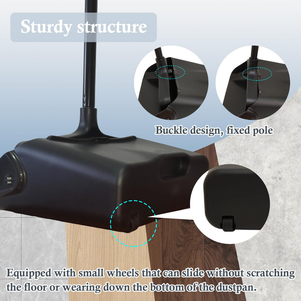 Primero Basics 3-Pack Commercial Upright Dust Pan with Long Handle and Wheels – Heavy Duty Large Dust Pans for Indoor/Outdoor Use, Janitorial or House Cleaning Tools, Black Standing Dustpan