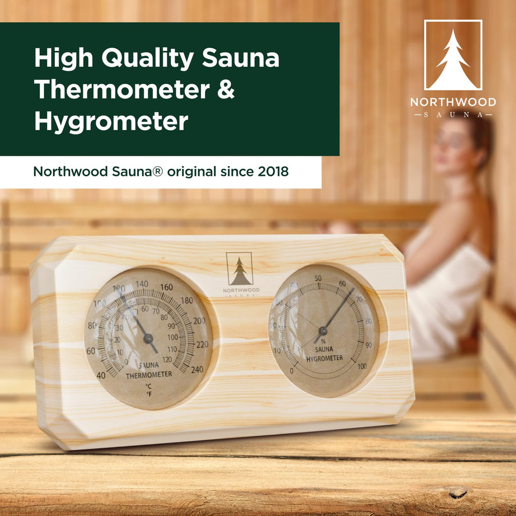 Northwood Sauna - Sauna Thermometer and Hygrometer 2 in 1 - Fahrenheit & Celsius - Handmade from Finnish Pine Wood - Luxurious Golden Metal Dials