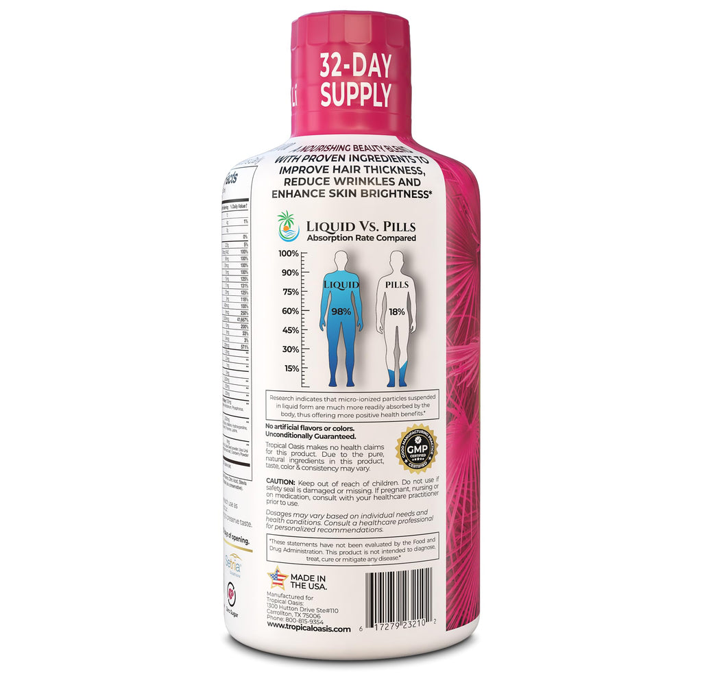 Tropical Oasis Women's Liquid Multivitamin + Hair Growth | Clinically Tested for Thicker Hair, Wrinkles, Brighter Skin, Strong Nails | 2.5g Verisol Collagen | Biotin 12500mcg | 32 Serv