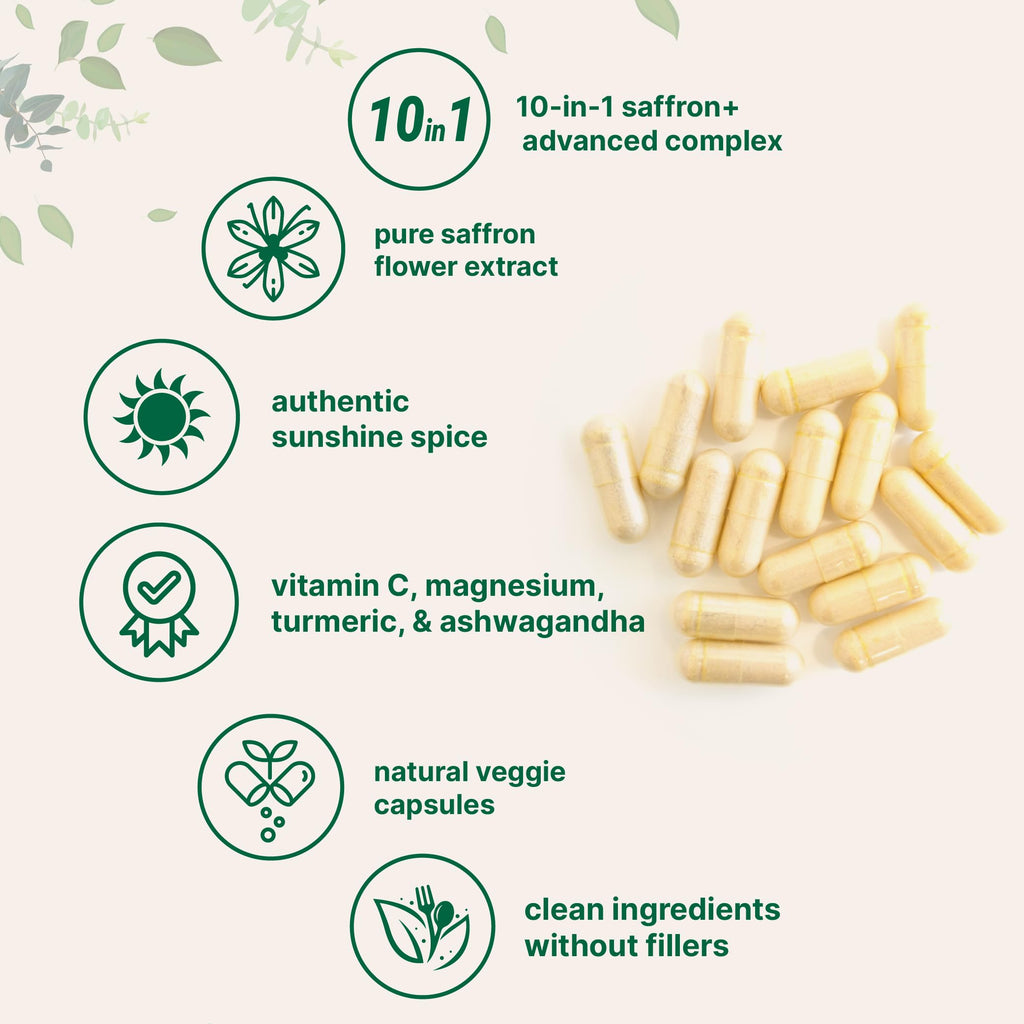 Micro Ingredients Saffron+ Advanced Supplements, 60 Veggie Capsules – 10-in-1 with Saffron Extract, High Absorption Fat-Soluble Vitamin C, Magnesium, Turmeric & KSM-66 Ashwagandha – Filler Free