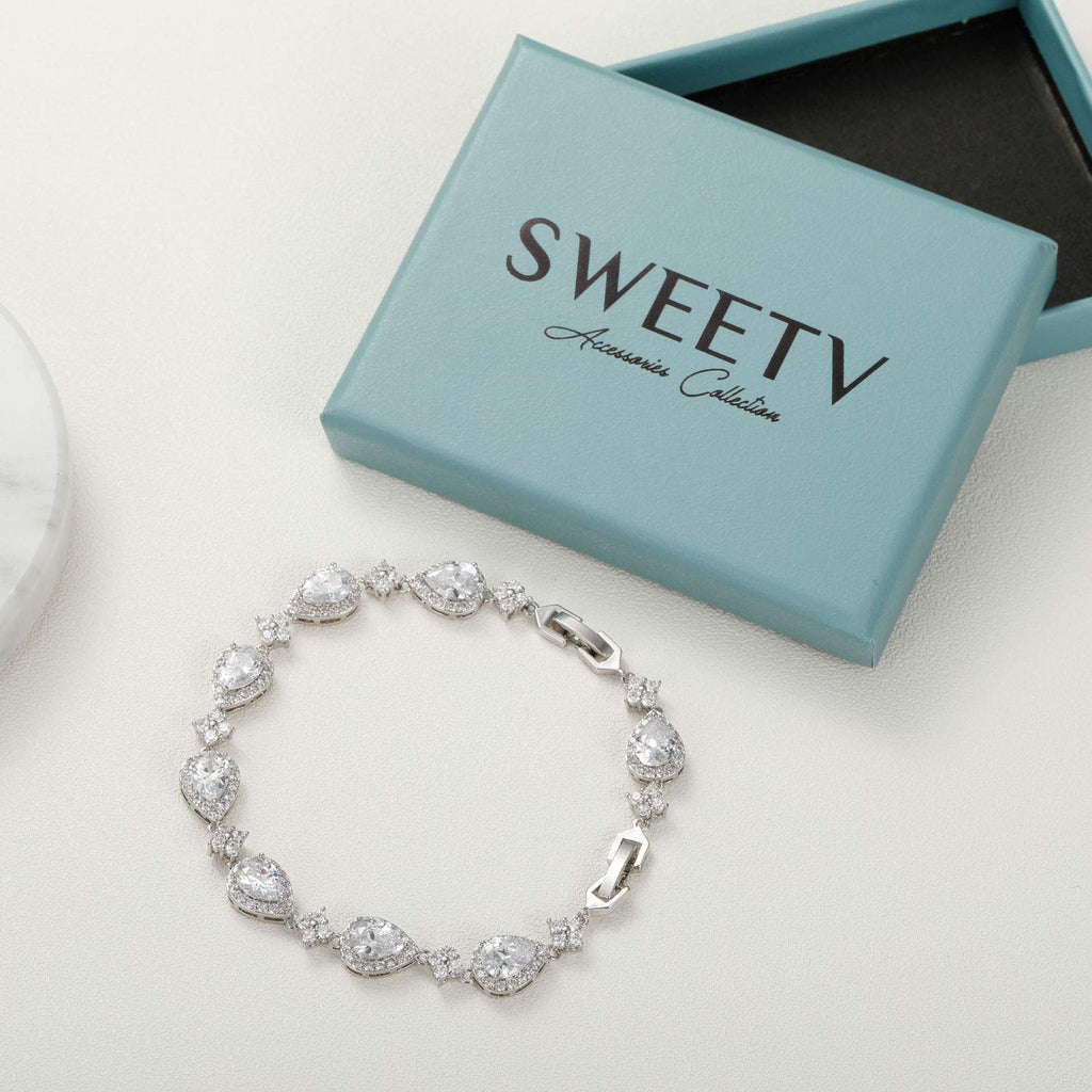 SWEETV Wedding Teardrop Bracelets for Brides Bridesmaids, Crystal Cubic Zirconia Bridal Bracelets for Women Prom, Silver