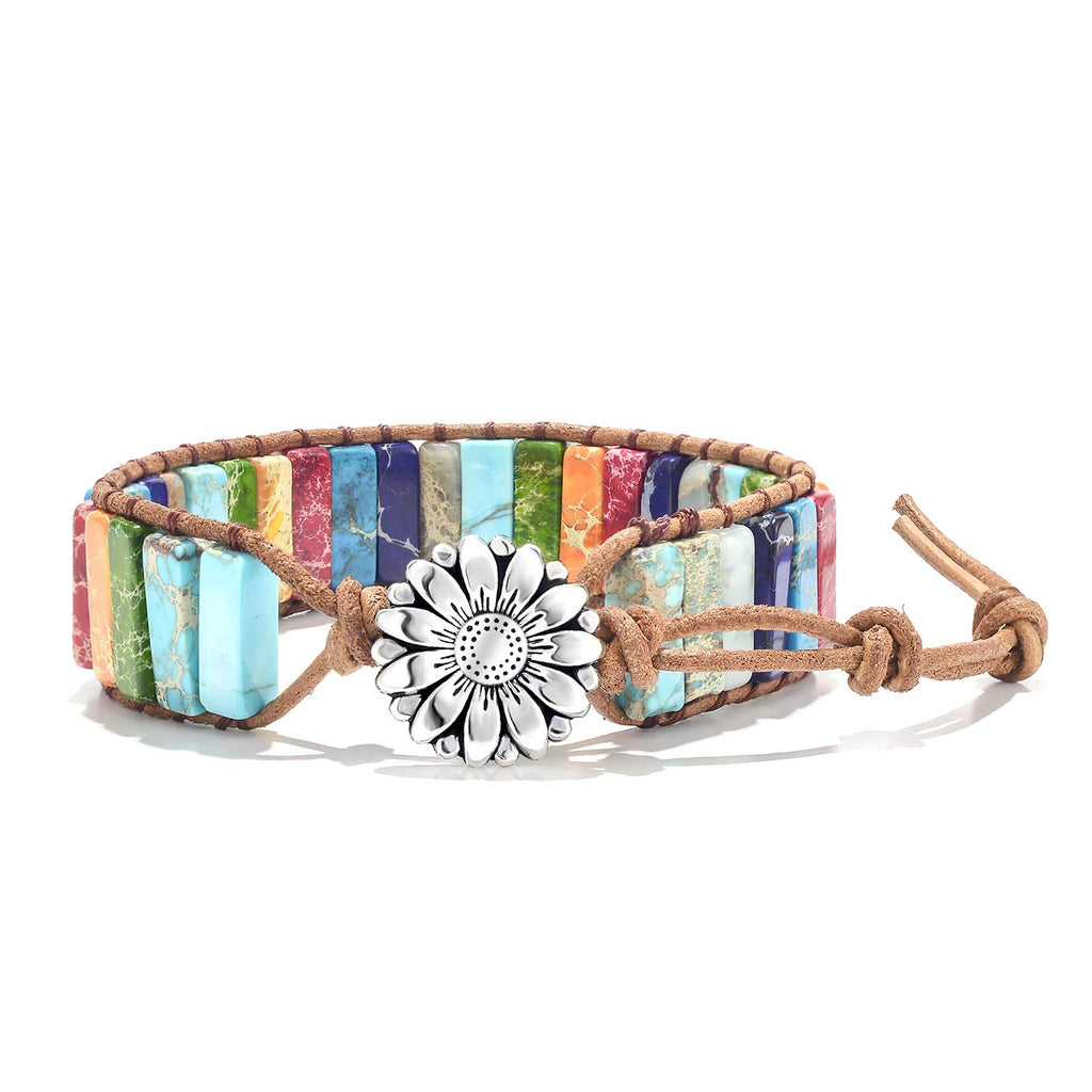 sedmart Fashion Gemstone Bracelets Handmade Bracelets Jewelry Multicolor Yoga Bracelets Friendship Boho Bracelets Leather Bracelets Rectangle Stone Healing Bracelets Sunflower Button Wrap Bracelet