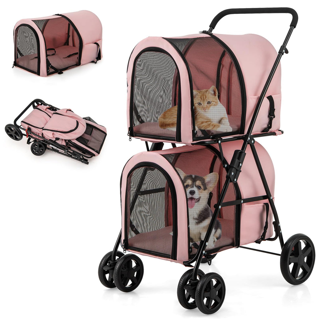 Giantex Double Pet Stroller with 2 Detachable Carrier Bags, Safety Belt, 4 Lockable Wheels, Folding Cat & Dog Stroller for Small Medium Pets, Cats Dogs Puppy Travel Strolling Cart (Pink)