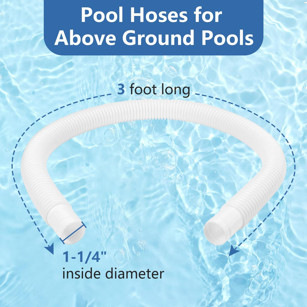 1-1/4 Inch x 3 Foot Long Pool Filter Pump Hoses, 1.25 Pool Hoses Compatible with Intex White Above Ground Pool Flex Connection Suction Hose or Filter - 2 Pack