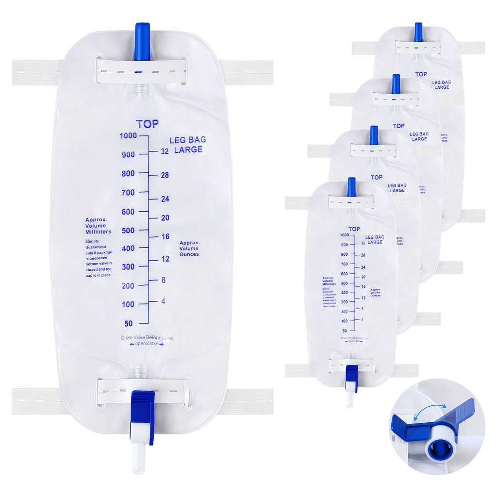 Geiserailie 5 Pack 1000ml Leg Bag Urinary Drainage Bag with Anti Reflux Valve, 33.8oz Large Capacity Urine Leg Catheter with Cloth Straps, Easy Flip Drain, Urinary Catheter for Men, Women