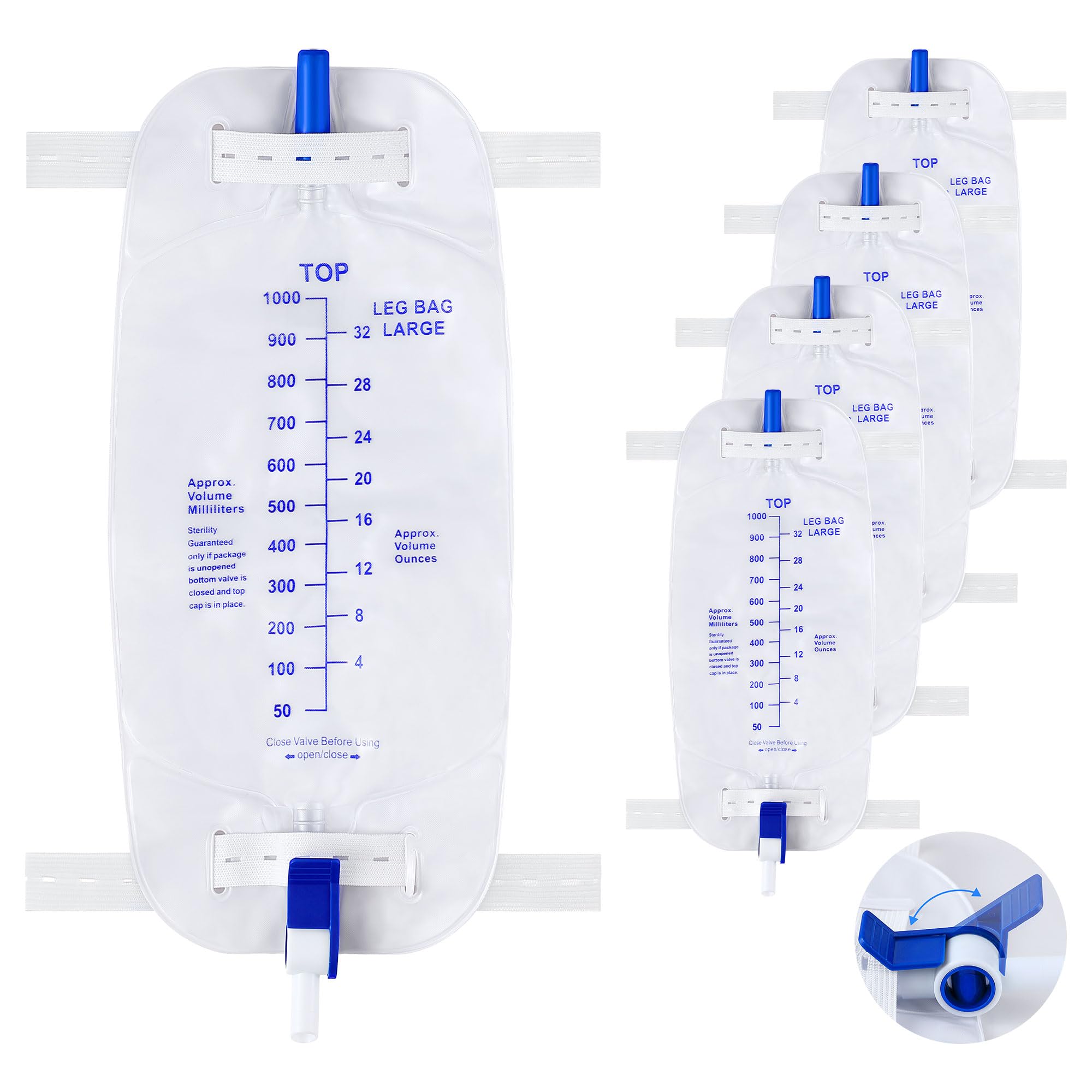 Geiserailie 5 Pack 1000ml Leg Bag Urinary Drainage Bag with Anti Reflux Valve, 33.8oz Large Capacity Urine Leg Catheter with Cloth Straps, Easy Flip Drain, Urinary Catheter for Men, Women
