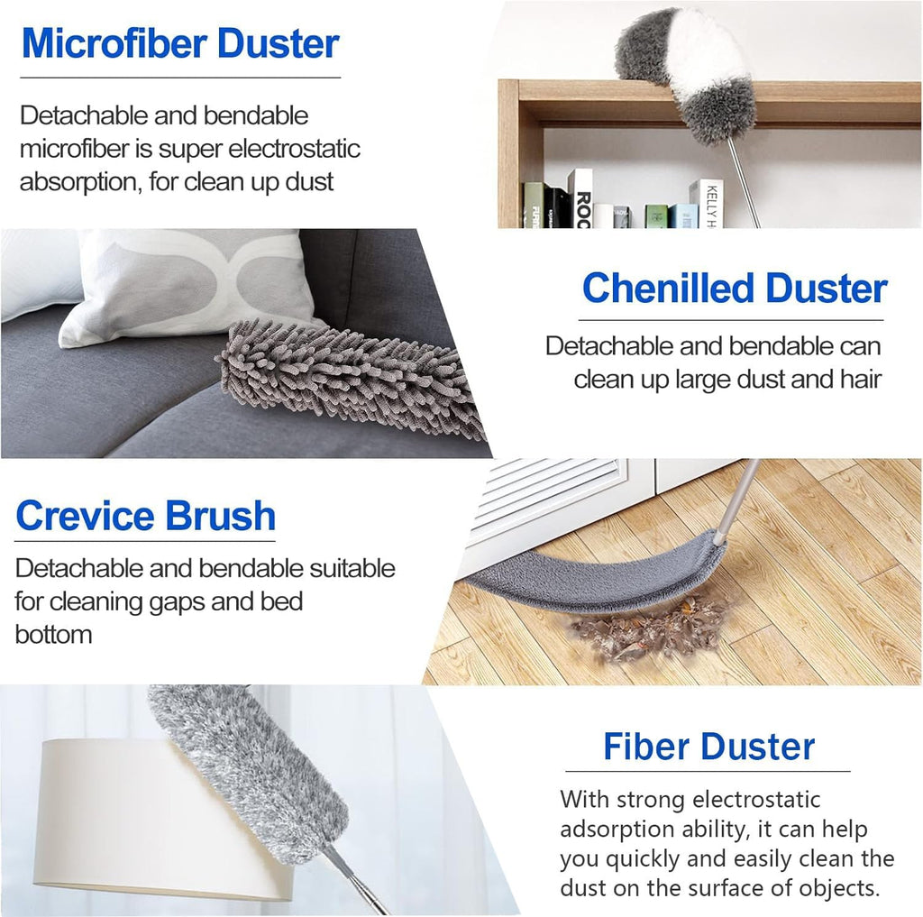 Muxun Dusters for Cleaning - 9Pcs Feather Duster Extendable Pole Up to 100'', Microfibre Feather Duster Bendable Washable Long Duster for Cleaning Ceiling Chandelier High Ceiling Furniture
