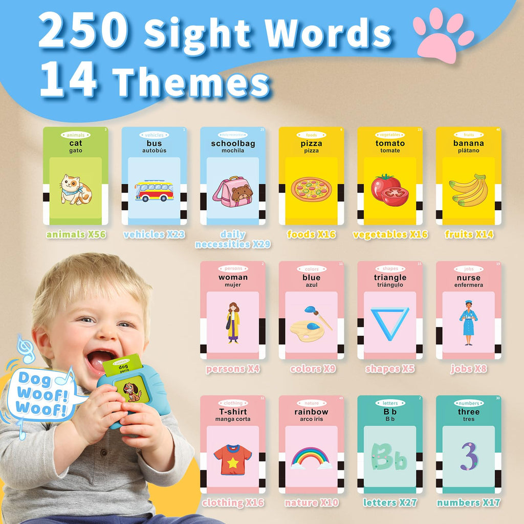 Aullsaty Toddler Toys Bilingual English and Spanish Talking Flash Cards for 1 2 3 4 5 6 Year Old Boys and Girls, Autism Sensory Toys for Autistic Children, Learning Educational Speech 250 Sight Words