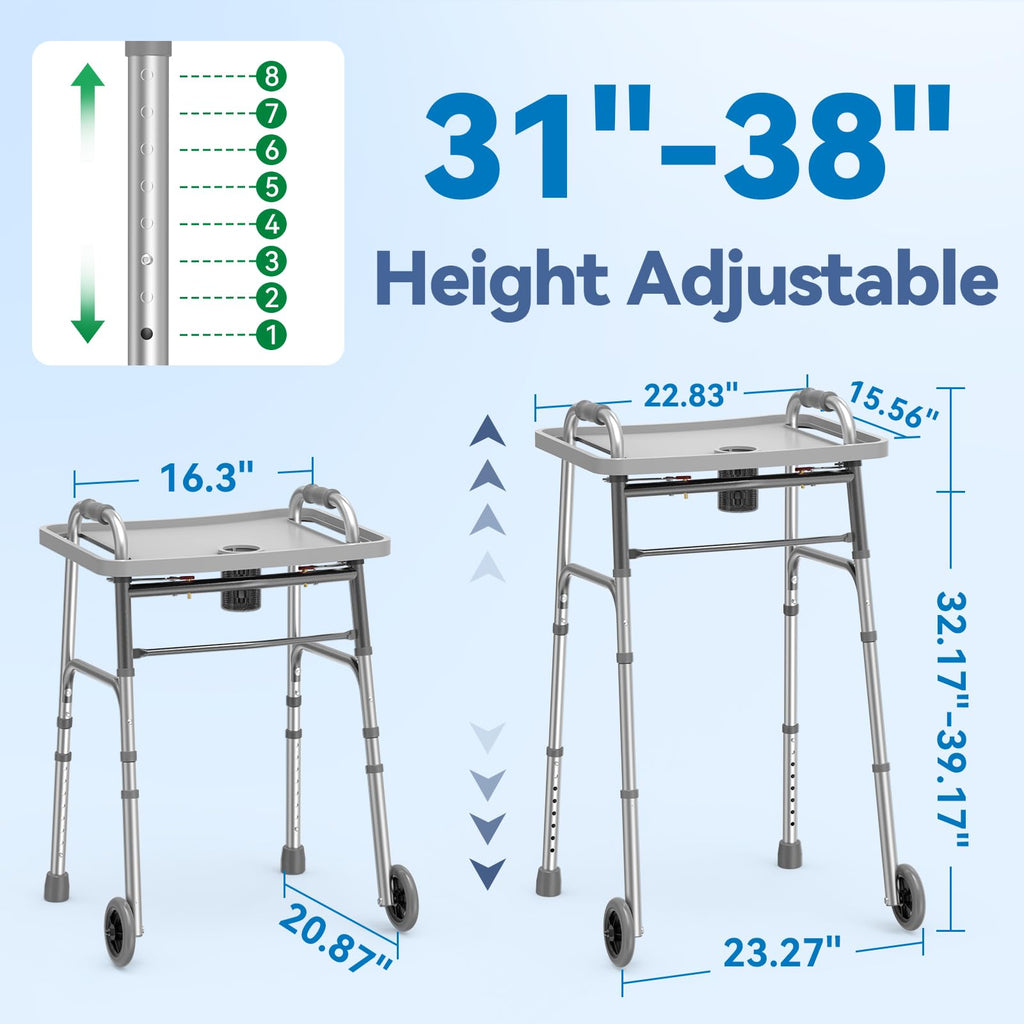 Loyoda Folding Walker with Tray, 5" Wheels Lightweight Walkers for Seniors and Adults, Supports Up to 350 Pounds, Adjustable Height, Compact Standard Walker, Silver