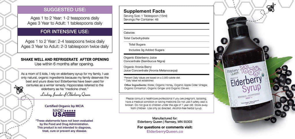 Elderberry Queen Organic Elderberry Syrup 24 Fl Oz - Immune Support Formula with Sambucus Black Elderberry & Aronia Berry - Pure Natural Certified Organic Elderberry Syrup for Kids and Adults