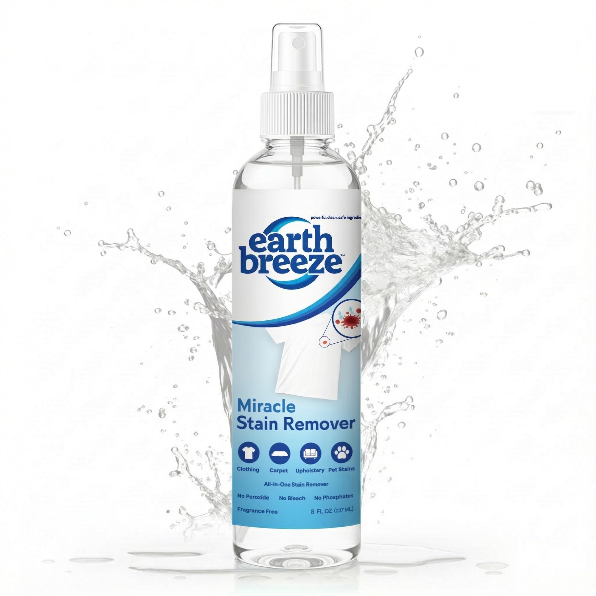 Earth Breeze Miracle Stain Remover Spray – Powerful All-In-One Solution - Removes Virtually All Household Stains – No Harsh Chemicals – Effective Tough Stain Eliminator – 8fl oz.